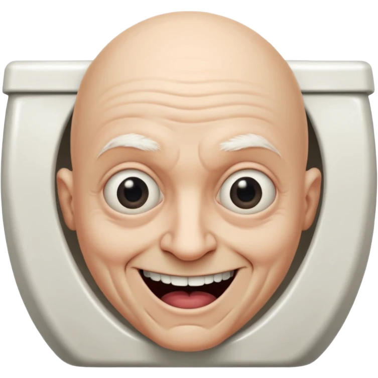 A bald person who’s very old is staring, he’s inside a toilet and his head is upright and looking at the camera with very wide eyes and a massive smile, in a very creepy way. emoji