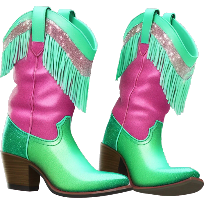 Realistic hot pink to mint green ombre pair of fashion cowgirl boots with sparkly shiny glitter fringe on them. emoji