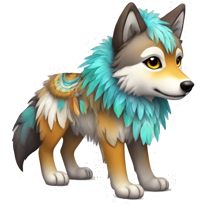 Fluffy Shy Colorful Chibi Spiritual Shamanic Wolf With Shiny Tribal Markings wearing feathers Full Body emoji