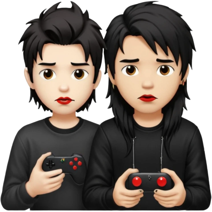 pale Goth boy with a bunch of face piercings, with shaggy dark brown hair, smudged red lipstick next to a Carmel  skin gamer boy with long black hair , they are watching tv together  emoji
