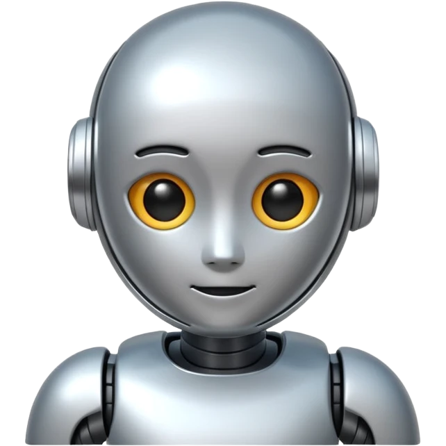 A cute futuristic robot emoji made of silver chrome, rounded friendly body, minimal facial features, glossy metallic surface, soft reflections, iOS emoji style, centered, clean white background emoji