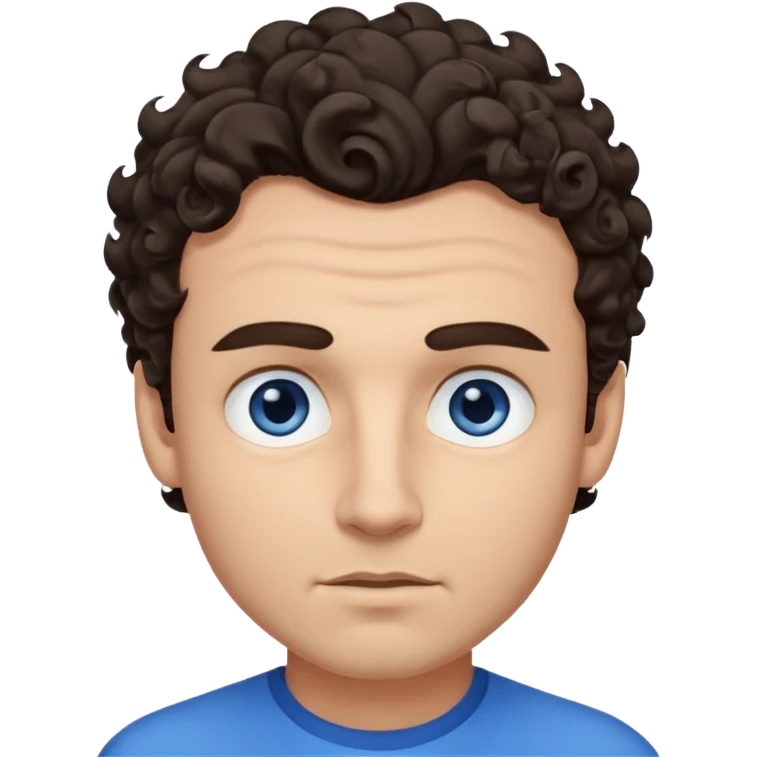 A man emoji with light skin, wavy dark brown hair styled with a curl falling on his forehead, thick dark eyebrows, striking blue eyes, a straight nose, and a clean-shaven face with a neutral expression. emoji