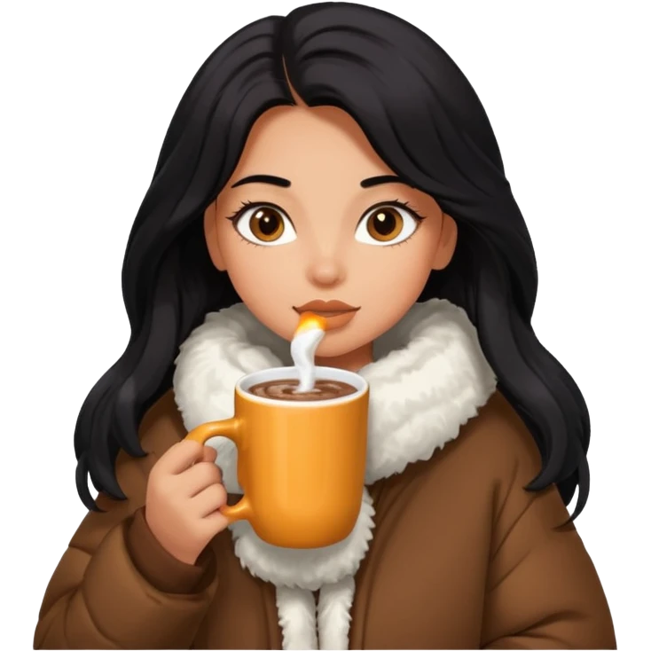 anned Girl with lashes , bright black long hair, in an extremely big fluffy oversized jacket, and drinking hot chocolate drink emoji