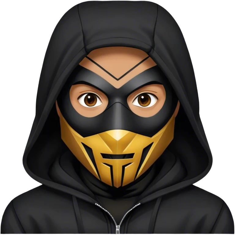 man with black hooded jacket and a full black full-face geometric mask with only black emoji
