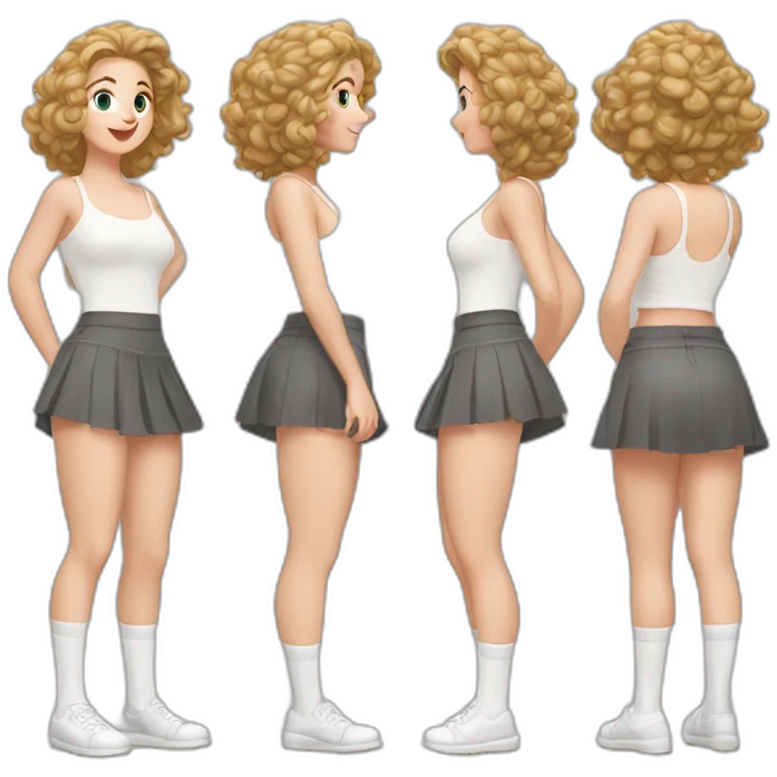 full body caucasian curvy beauty jumping short black skirt back and front views strong wind white knickers long white socks emoji