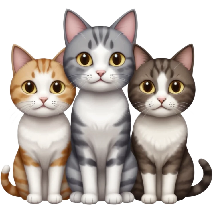 3 different coloured short haired cats including; a dark brown tabby and white cat, and a dark grey and white  emoji