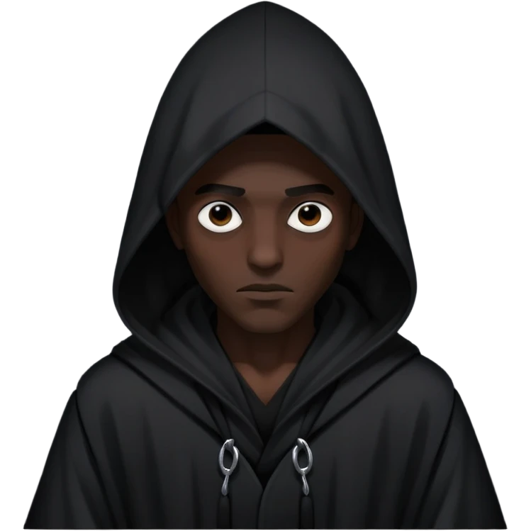 Black man in black pointed hooded robe, dark shadow over face, intense eyes, mysterious aura.” emoji