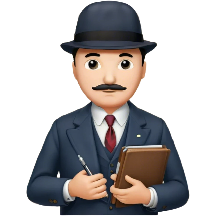 A cinematic-style frame showing Hercule Poirot in his iconic suit with a notebook in a dramatic detective pose. Background should be mysterious city, map, a board with photos of suspects, clues like fingerprints. Transparent background. emoji