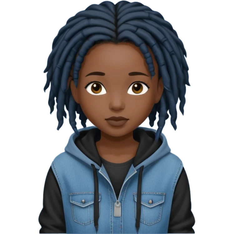make a black girl with short pitch black locs wearing a denim hoodie with black sleeves emoji