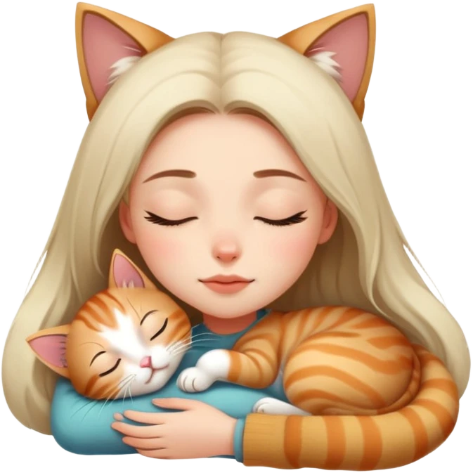 . A cute kitten naps on a girl's head, eyes shut, looking super cozy. emoji