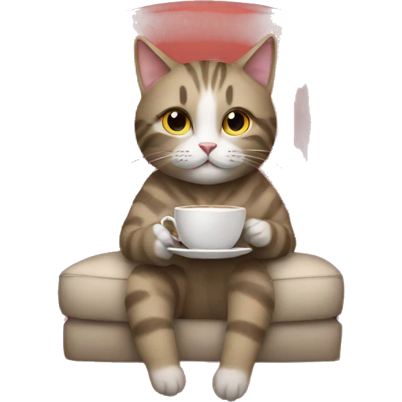 cat drinking tea looking at camera sitting in a chair emoji