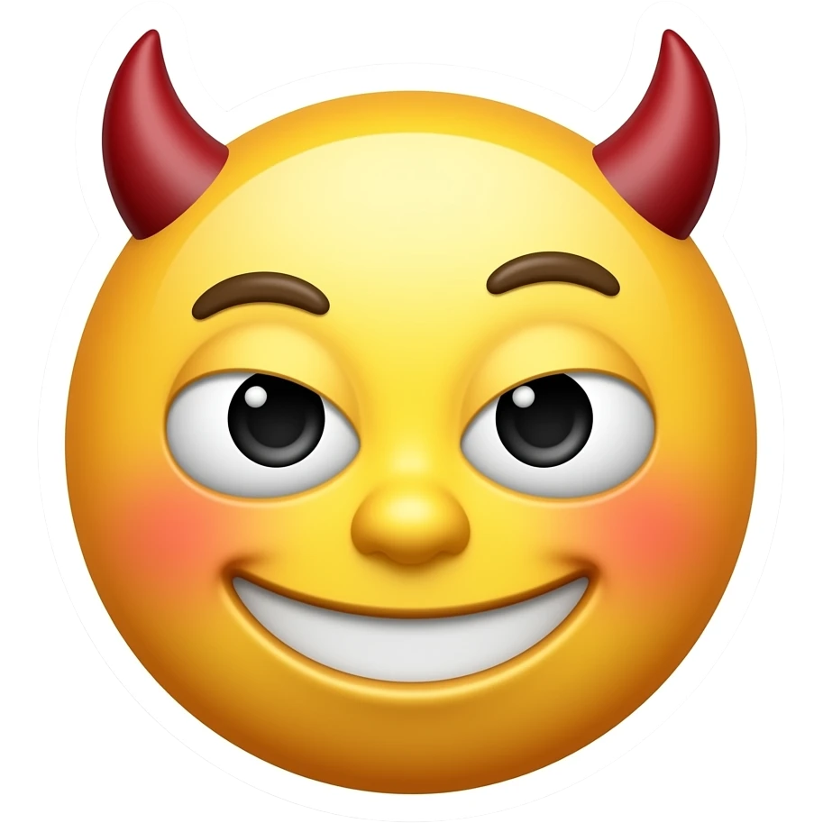 A naughty 3D emoji sticker with a mischievous smirk, half-lidded eyes, blushing cheeks, tiny devil horns, glossy yellow face, suggestive adult humor vibe, clean white background, soft shadow, no text, no watermark emoji