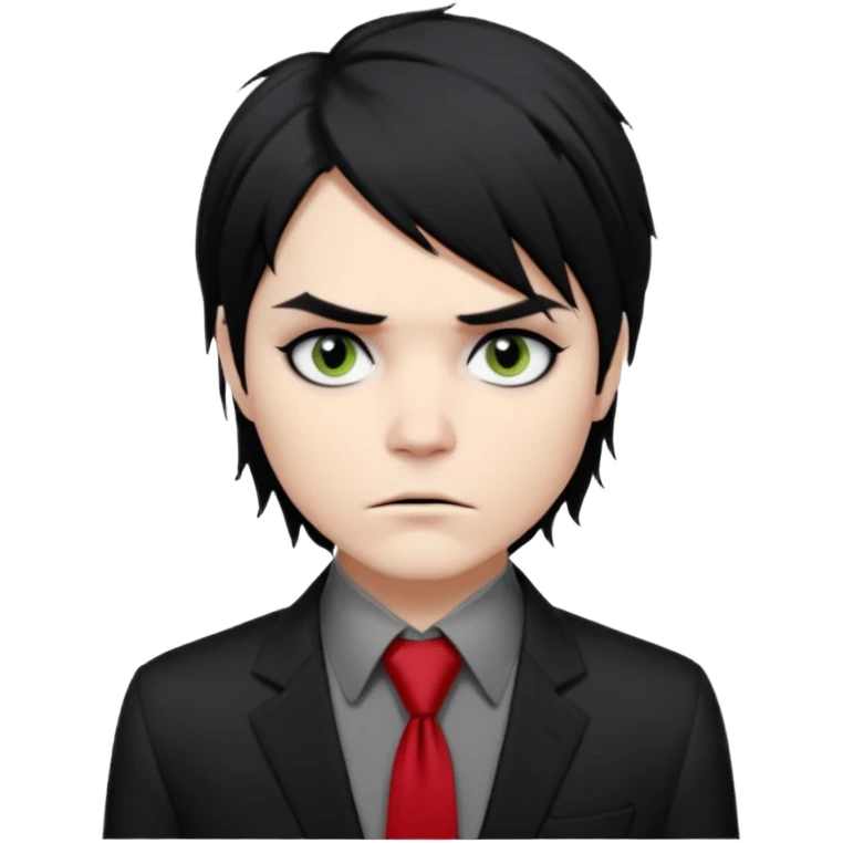 Gerard Way (Revenge Era)
Round, simplified emoji style
Pale skin tone
Jet-black, shoulder-length hair messy and emo
Heavy eyeliner and slight red shadow under the eyes
Subtle serious
Hint of red tie visible on black button up shirt.
Transparent background. Black eyeliner. Messy emo hair emoji