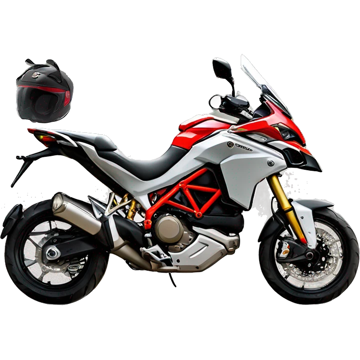 Moto de enduro Ducati multistrada roja y negra con bolsas laterales y bolsa trasera. Piloto con casco abierto gris. Vista frontal emoji