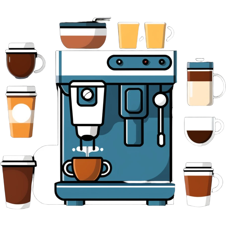 coffee shop items: espresso machine, milk frother, and coffee menu board emoji
