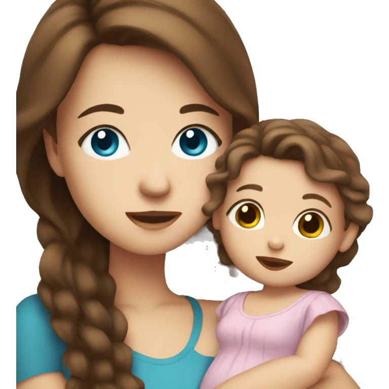 Girl with brown hair and blue eyes holding a baby girl emoji