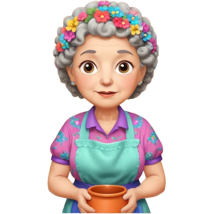 cartoon Apple iOS emoji style rural elderly woman, chubby face, short gray curly hair, flowery blouse, colorful apron, big expressive eyes, pastel colors, Chilean wooden kitchen background, clay pots, warm light, detailed and clean vector art emoji