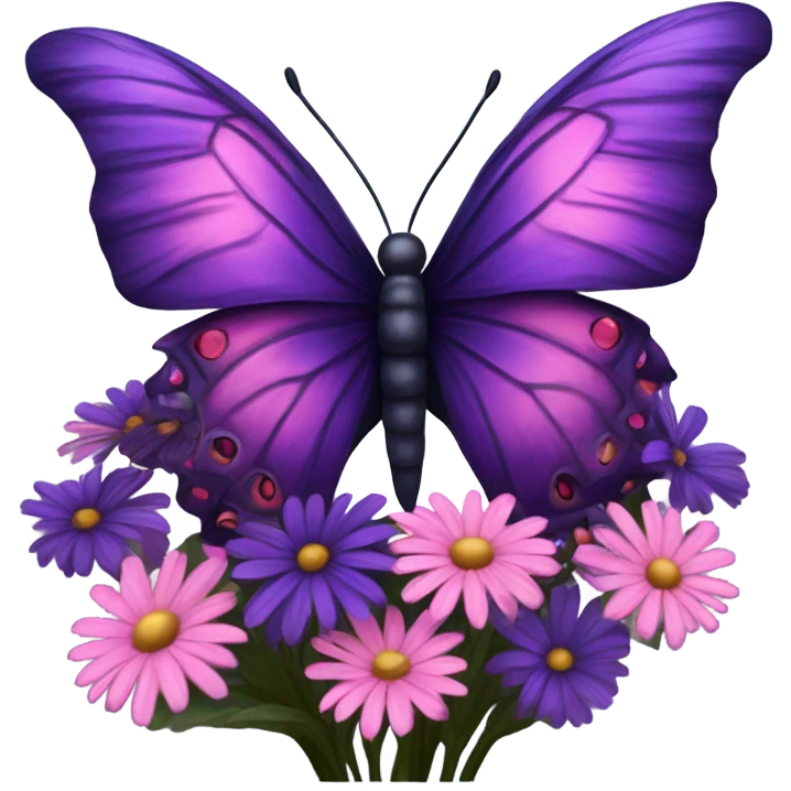 Aesthetic butterfly with purple and pink wings sitting on a dark purple bouquet of Daisies in a pastel pink vase emoji