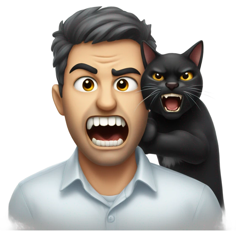 An angry black cat bites a man on the face. emoji