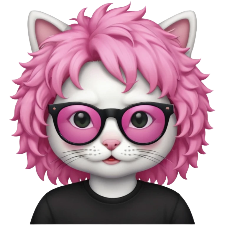 White cat wearing pink curly wig, black sunglasses, black T-shirt emoji