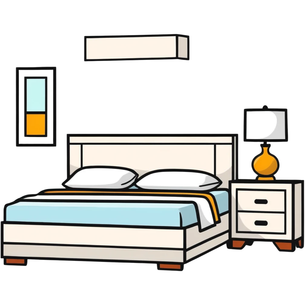clean bedroom with white walls, bed, nightstand and dresser emoji