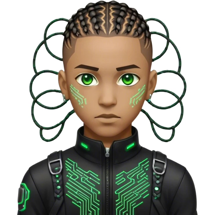 Light skinned African American male with green eyes as a cyberpunk hacker with cornrows hairstyle but short cornrows  emoji