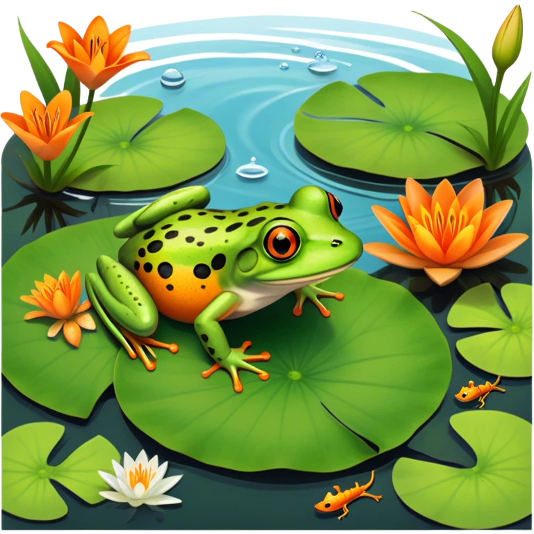 Icon for Amphibians: A colorful collage featuring a frog sitting on a lily pad, a salamander crawling on the ground and a newt swimming in water. The background features lily flowers and a calm pond setting. Transparent background. emoji