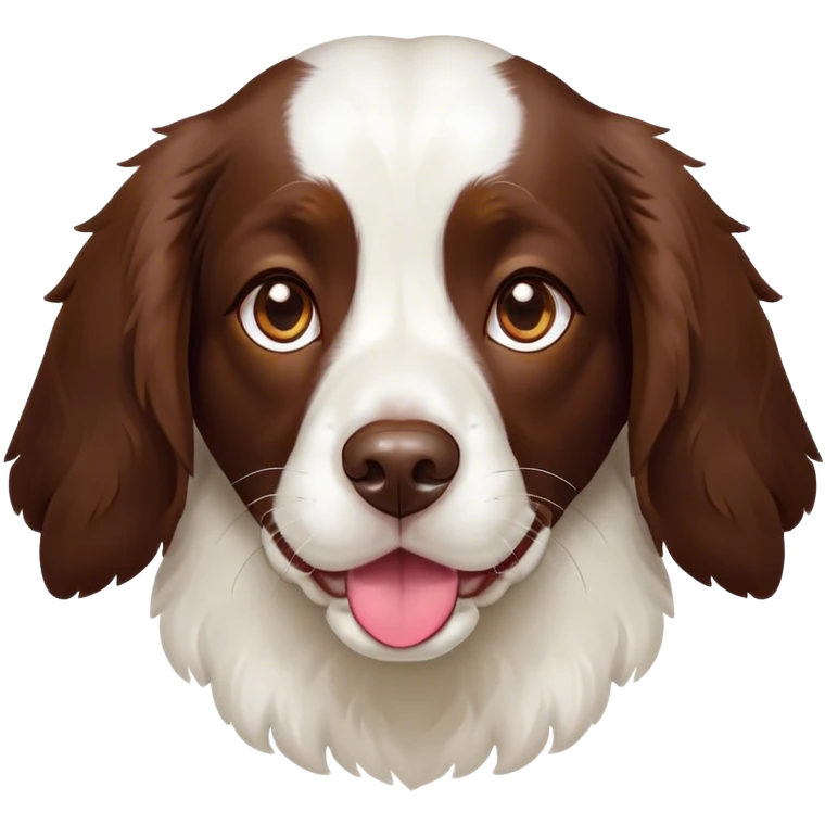 Cinematic Cute Springer Spaniel Portrait Emoji, Head tilted playfully and inquisitively, featuring a vibrant Fur of liver and white with a natural sheen, round, sparkling brown eyes filled with curiosity, Simplified yet irresistibly adorable features, highly detailed, glowing with a warm, friendly glow, high shine, affectionate and lively, stylized with a touch of whimsy, bright and endearing, soft glowing outline, capturing the essence of a mischievous yet loving pup, so playful it feels like it could frolic out of the screen and into your arms! emoji