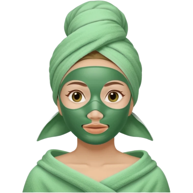 Woman with a towel on her head in the spa with a green mask emoji