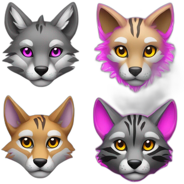 Coyote with grey and black fur, neon lights, ocelot with pink ears, clouded leopard, ocelot coyote hybrid with Phoenix wings emoji