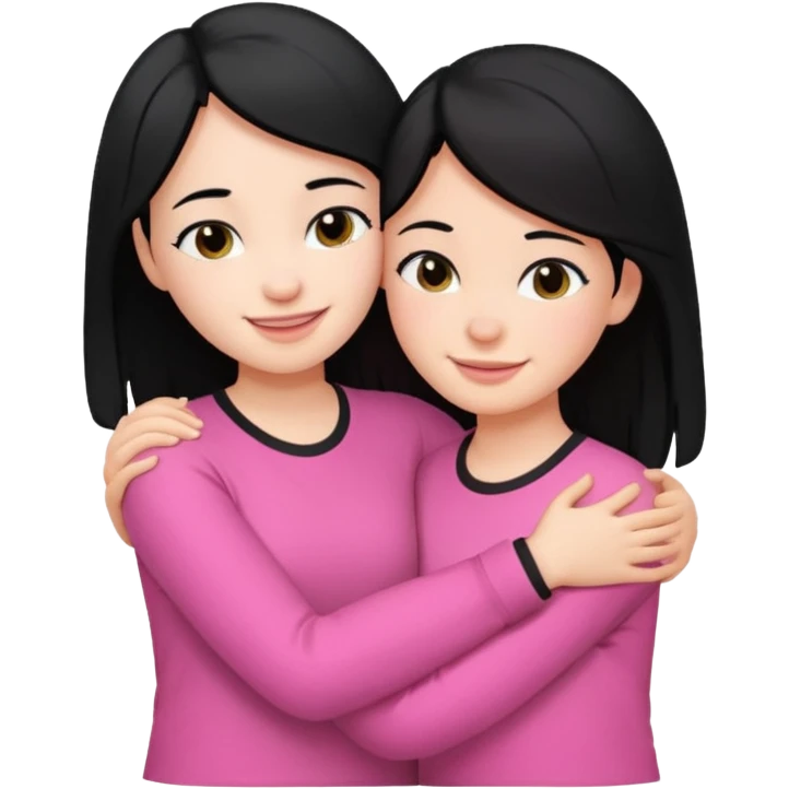 Two girls with black hair, one wearing white shirt and the other is pink shirt, hugging each other emoji