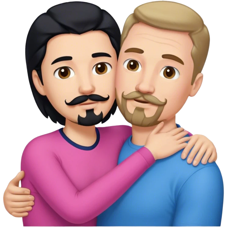 Tall white man with brown mustache goatee wearing blue, AND a short pale woman with long black hair wearing pink, hugging emoji