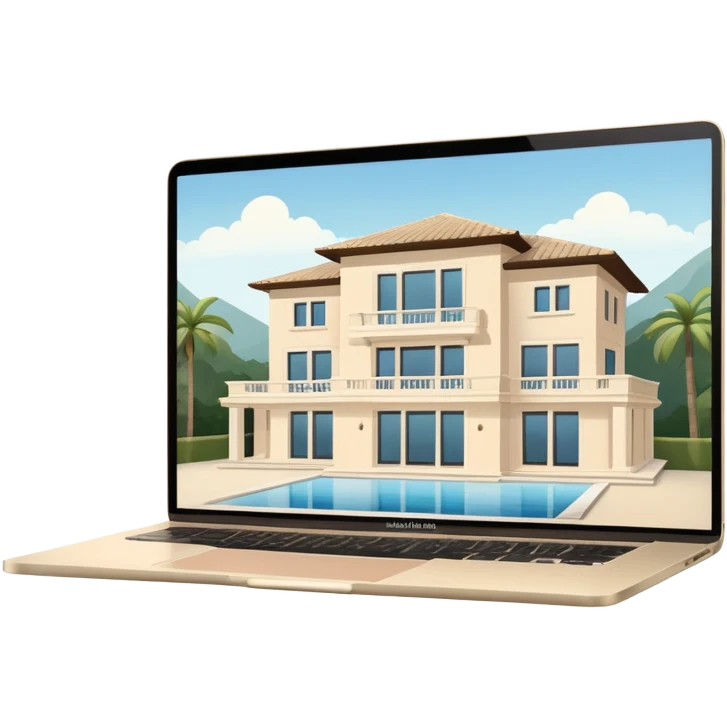 
light beige open macbook sideways with luxury villa on screensaver emoji