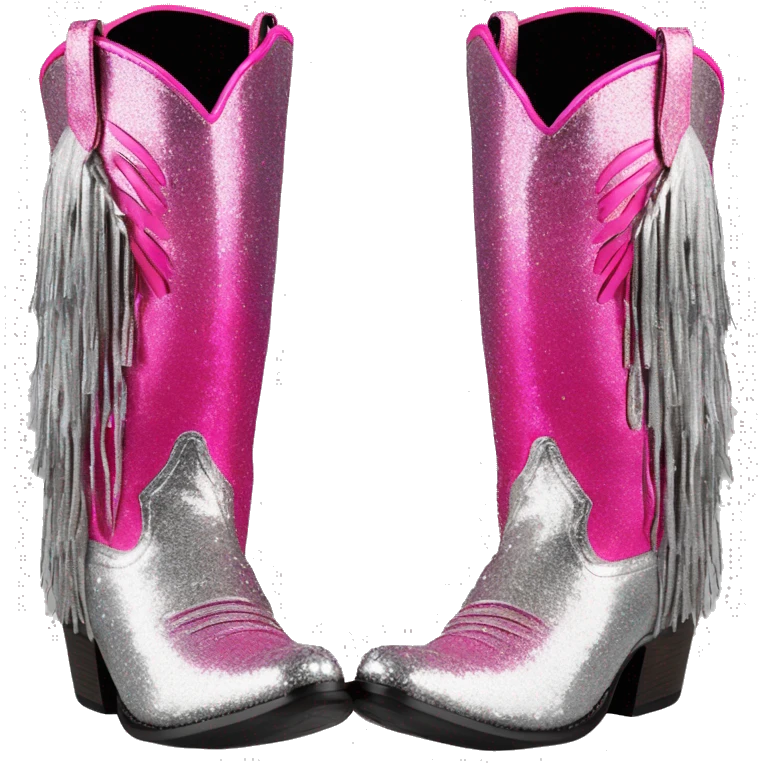 Realistic hot pink to silver ombre pair of fashion cowgirl boots with sparkly shiny glitter fringe on them. emoji