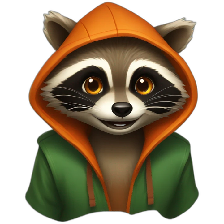 brown raccoon with orange eyes and a dark green hood that is laughing emoji