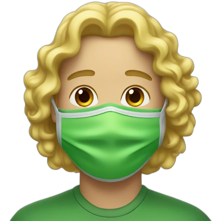 A man with a long and blonde curly hair warning a green mask emoji