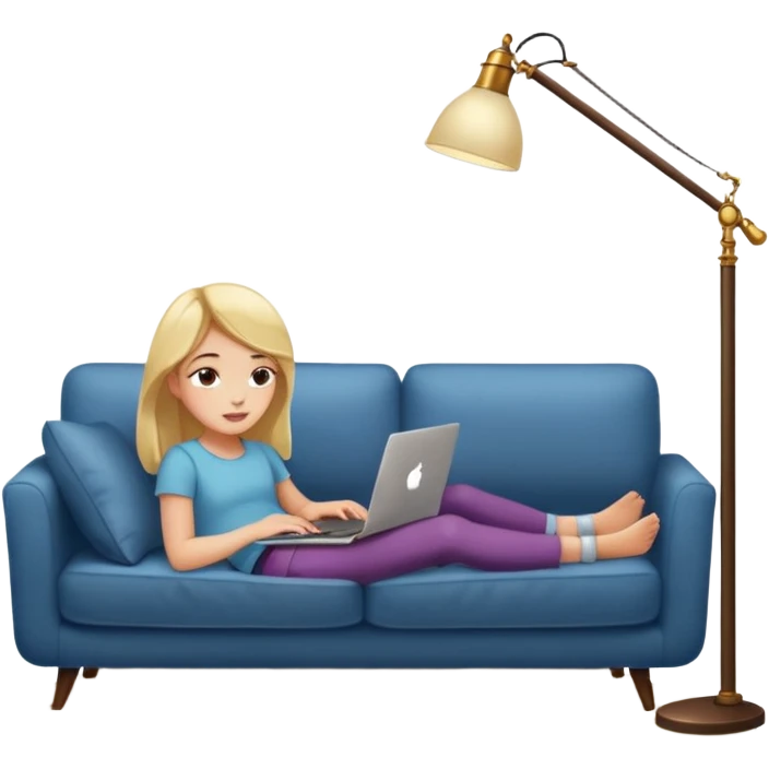A girl is working with a laptop while lying on a sofa, with a floor lamp to the right. emoji