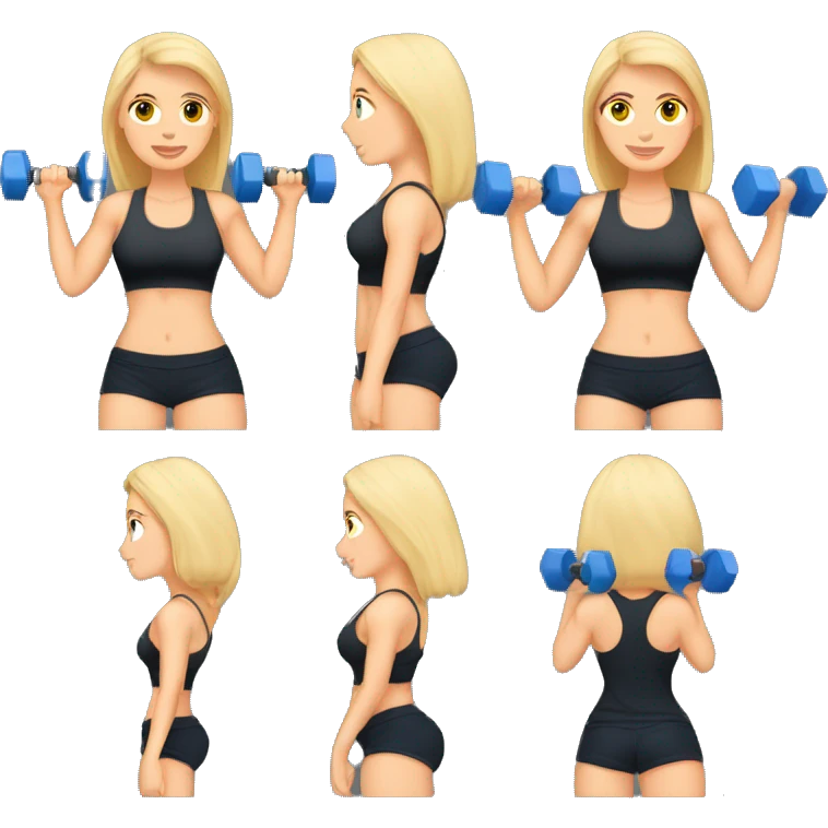 blonde woman working out with a black tank top and a blue shorts and she is holding a dumbell emoji