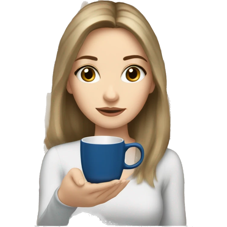 stack of beige books, Russian white girl, brown middle hair, blue eyes, table, coffee emoji
