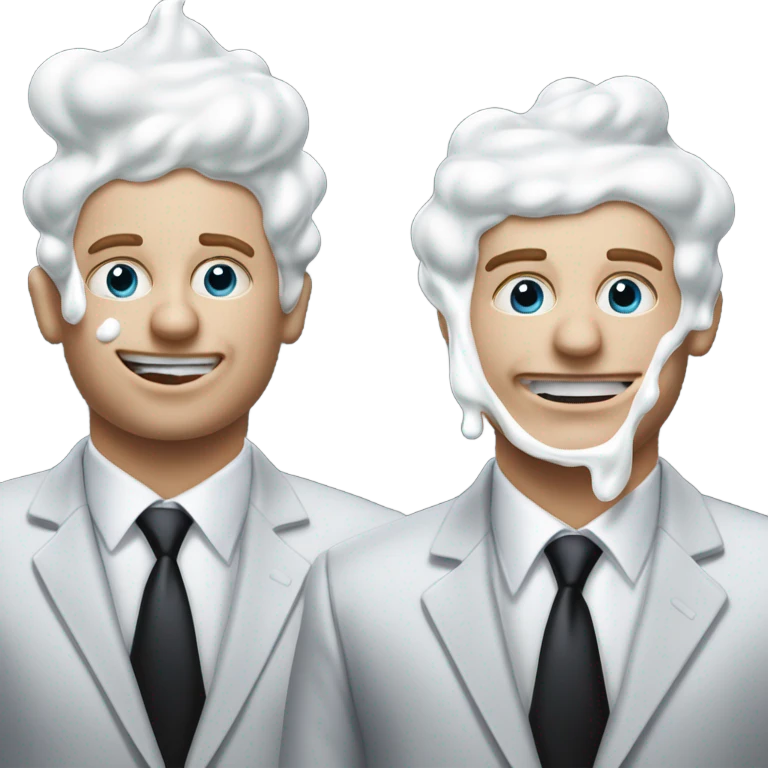 Two men covered in yogurt wearing black suits with yogurt on both of their heads, and more yogurt on their suits, but white skin emoji