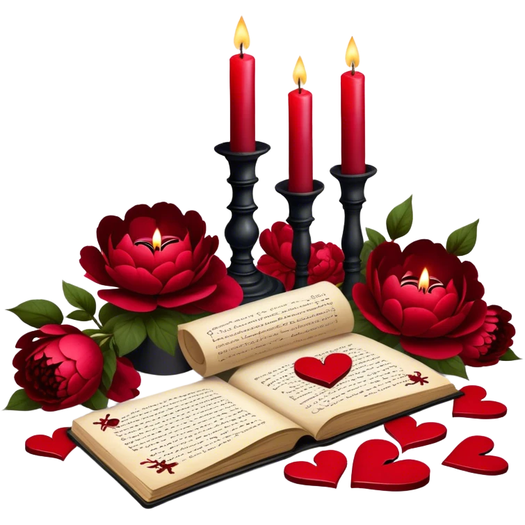 A mystical still life with blood-red candles casting flickering shadows over scattered love letters, their ink smudged with passion. Crimson butterflies rest on blackened crosses, while lush red peonies and pansies bloom in the dim candlelight. emoji