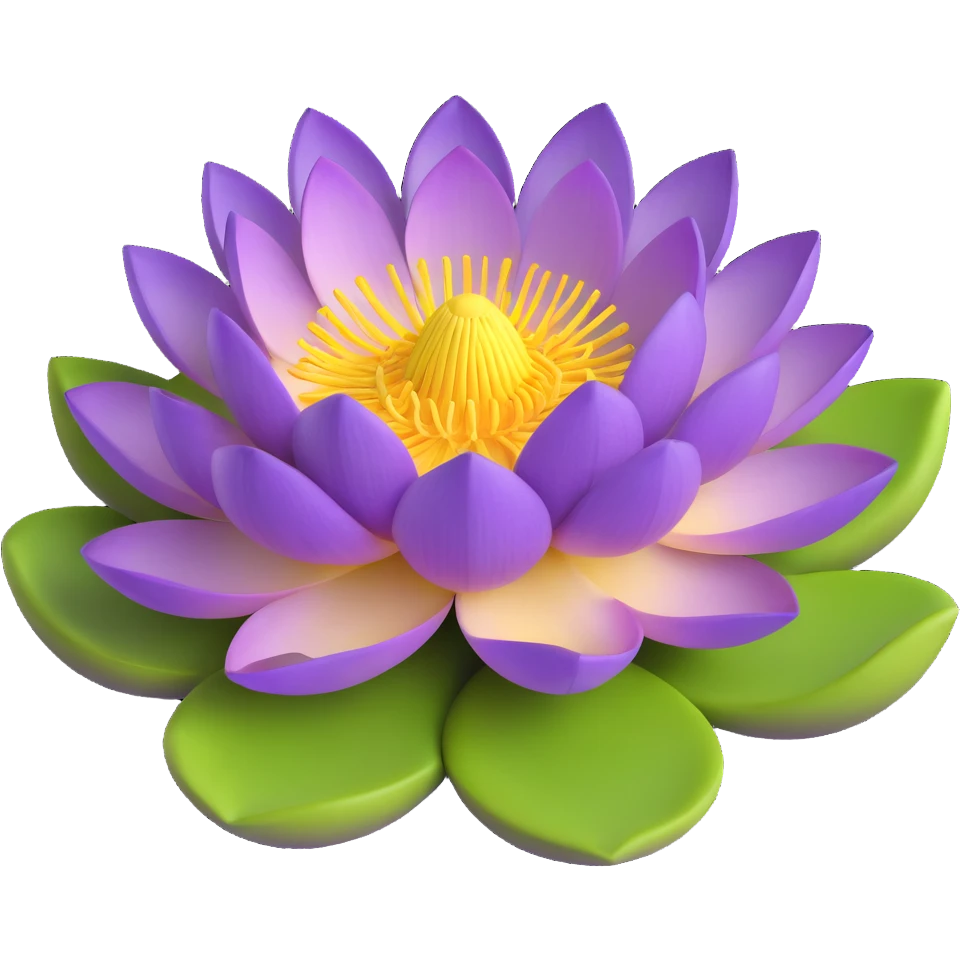 Realistic purple lotus flower with detailed petals, yellow stamens, and green lotus pad emoji