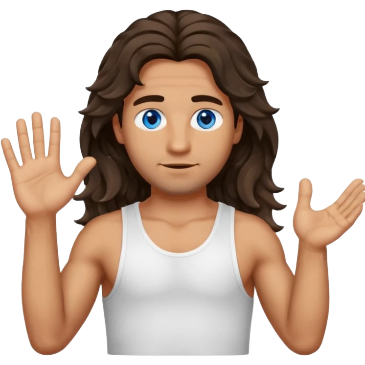 Men with olive skin, blue eyes, brown dark insanely wavy long hair, white camisole, left hand palm up crossing arms in front of face emoji