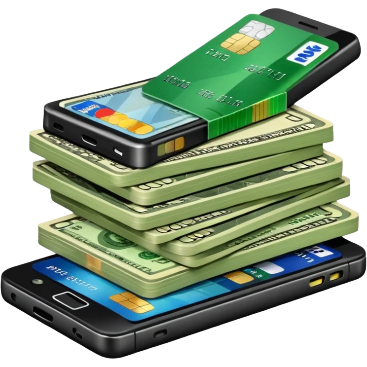 efectivo en dólares, un teléfono y unas tarjetas, todo con un estilo limpio, profesional y que transmita dinero y movimiento. emoji