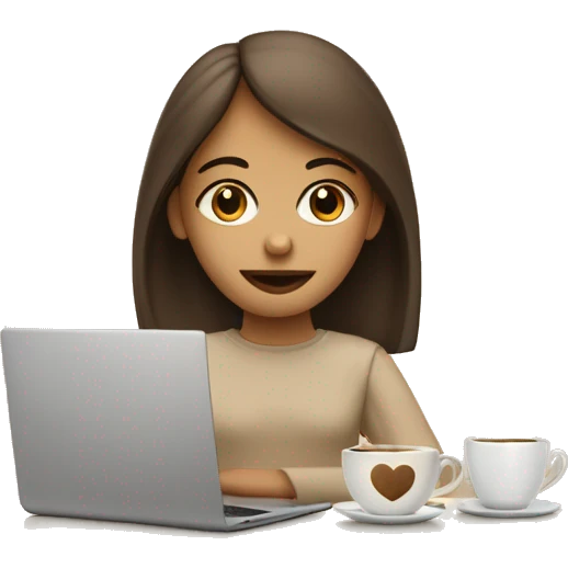 Half face of a girl at the laptop. A a cup of coffee on the left side of the table. Books on the right side. in beige tones emoji