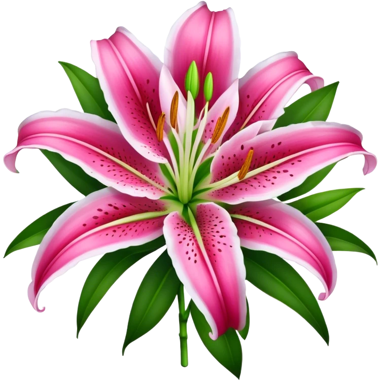 bouquet Deep Pink Oriental Lily with White Edge, luxuriant, leaf, bud emoji