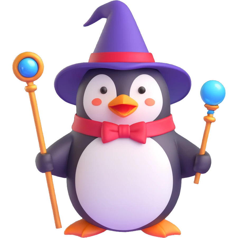 penguin dressed as a wizard, wearing a pointed hat and holding a magic staff, magical atmosphere emoji