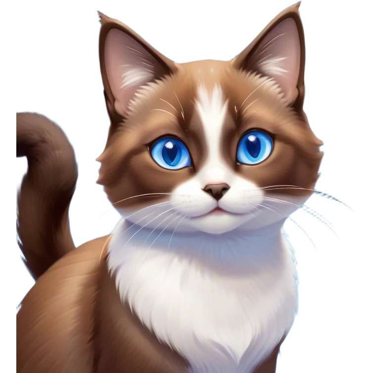 Cinematic Cute Brown Mantle Snowshoe Cat Portrait Emoji, Head tilted playfully and inquisitively, rich brown fur cascading over its back like a mantle, with soft white paws, chest, and face, striking icy-blue eyes brimming with curiosity, Simplified yet irresistibly adorable features, highly detailed, glowing with a warm, friendly glow, high shine, affectionate and lively, stylized with a touch of whimsy, bright and endearing, soft glowing outline, capturing the essence of a mischievous yet loving kitten, so playful it feels like it could pounce out of the screen and into your arms! emoji