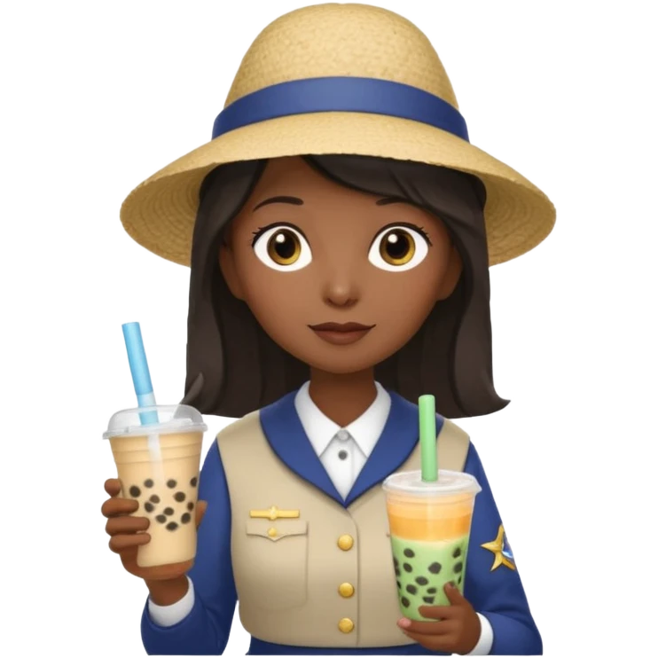 A Mysterious Elderly Female with Dark skin and Straight hair, wearing a Uniform outfit, a Sunhat, No glasses, carrying a Enchanted staff, working as a scientist, while drinking Bubble tea and reading a Journal. emoji