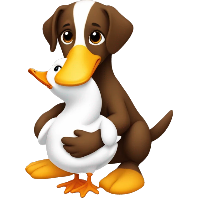 Brown small puppy hugging white big duck emoji